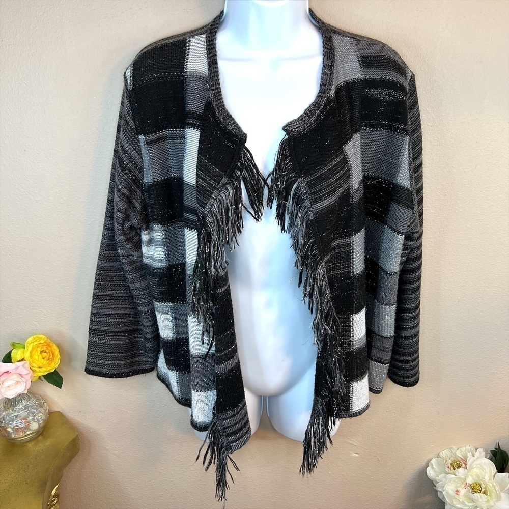 L Ruby Rd Black Grey Silver Shrug Sweater Cardigan Womens Large Size 12 14